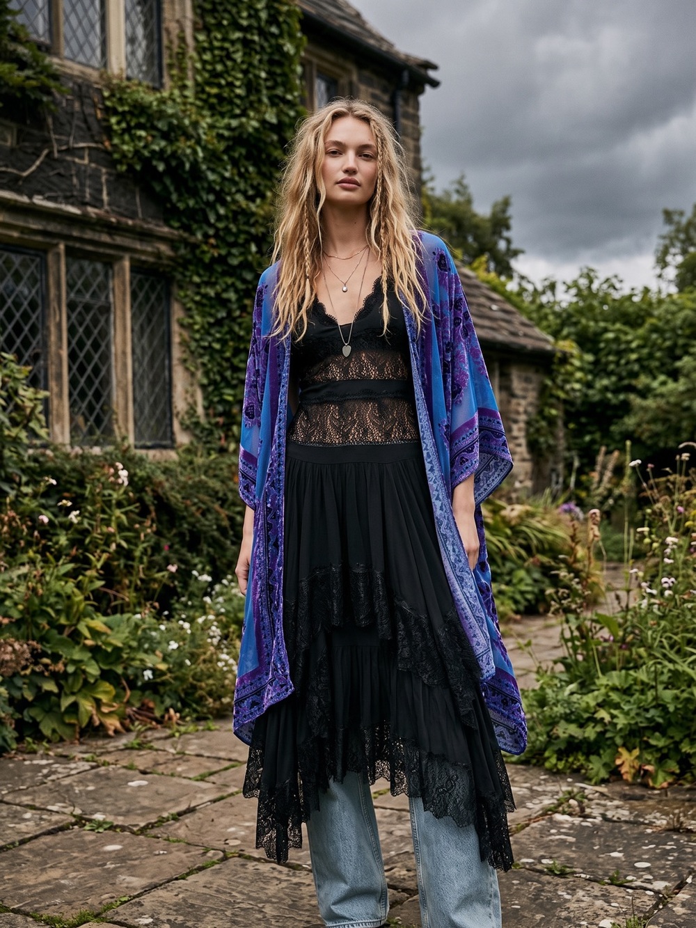 Free People Witchy Bohemian Muse Burn Out Velvet Devore Kimono Purple Blue OS - Picture 1 of 10